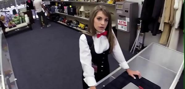  Petite pawnshop customer throatfucked for easy cash
